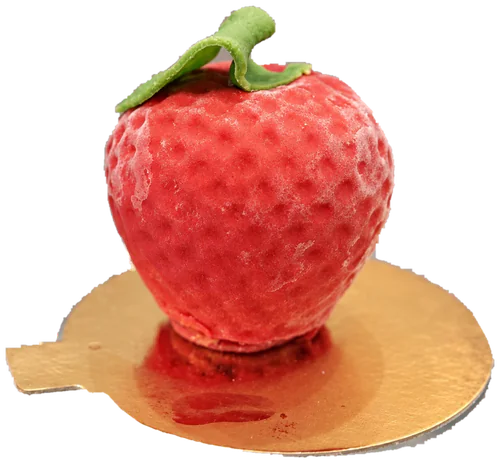 Frutta realistica: una fragola di gelato, sul disco dorato