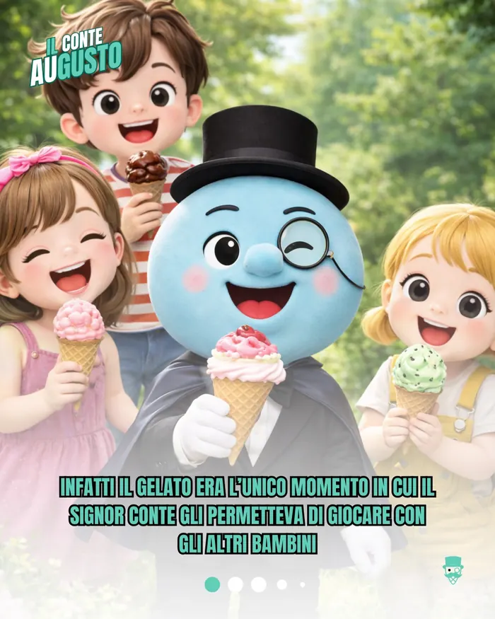 Tavola 4 del fumetto: il Conte Augusto da bambino, coi coni gelato insieme agli amici